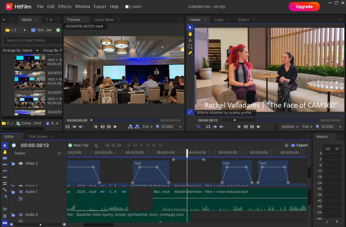 A screenshot of the hitfilm video editing software.
                In the media preview, there is footage of BioTissue sales reps at a conference. In the viewer, there 
                is interview footage of Kristy with Rachel Villadares, a leader of the CAM360 project.